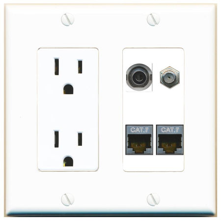 RiteAV 3.5mm 2 CAT7 COAX Wall Plate with 15A Power Outlet [White]