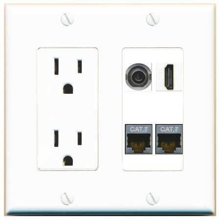 RiteAV 3.5mm 2 CAT7 HDMI Wall Plate with 15A Power Outlet [White]