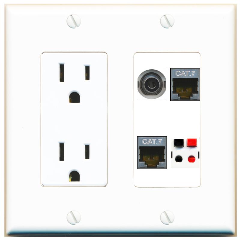 RiteAV 3.5mm 2 CAT7 SPEAKER Wall Plate with 15A Power Outlet [White]