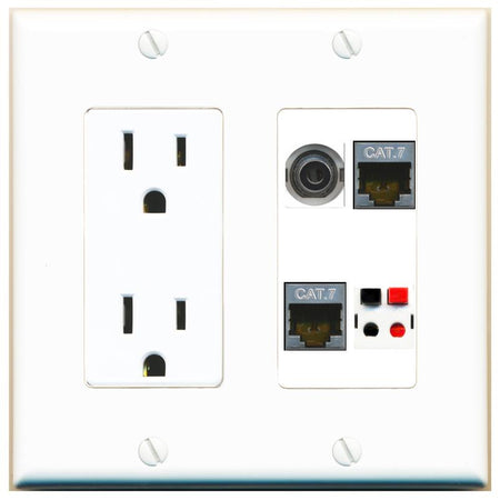 RiteAV 3.5mm 2 CAT7 SPEAKER Wall Plate with 15A Power Outlet [White]