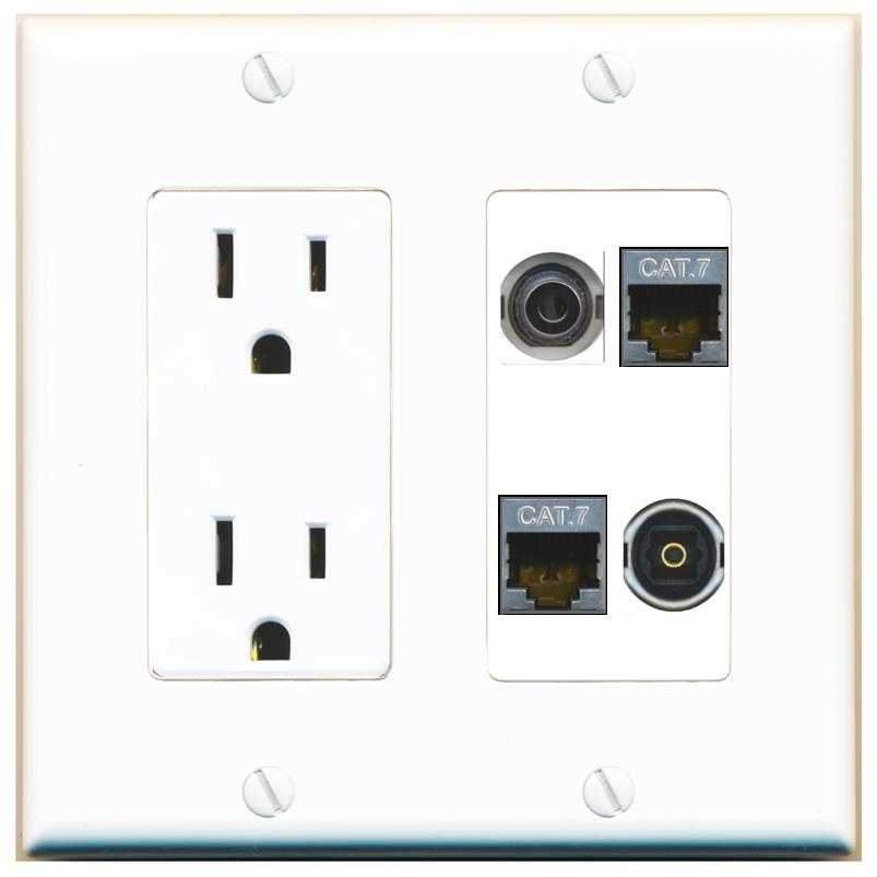RiteAV 3.5mm 2 CAT7 TOSLINK Wall Plate with 15A Power Outlet [White]