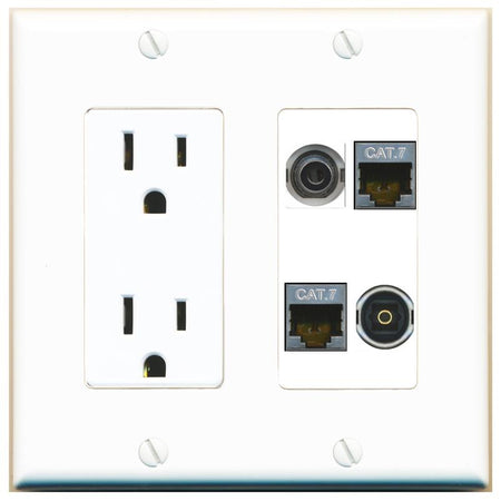 RiteAV 3.5mm 2 CAT7 TOSLINK Wall Plate with 15A Power Outlet [White]