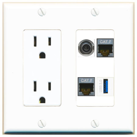RiteAV 3.5mm 2 CAT7 USB-3 Wall Plate with 15A Power Outlet [White]