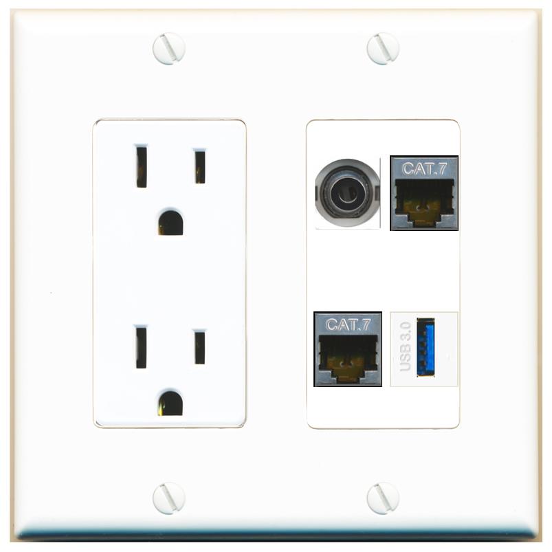 RiteAV 3.5mm 2 CAT7 USB-3 Wall Plate with 15A Power Outlet [White]