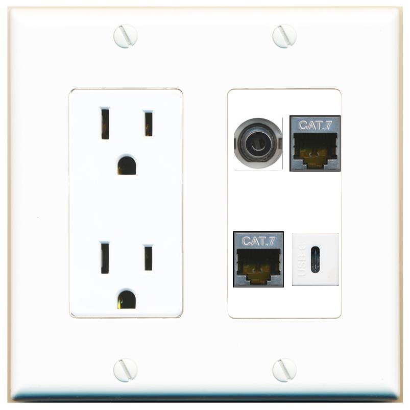 RiteAV 3.5mm 2 CAT7 USBC Wall Plate with 15A Power Outlet [White]
