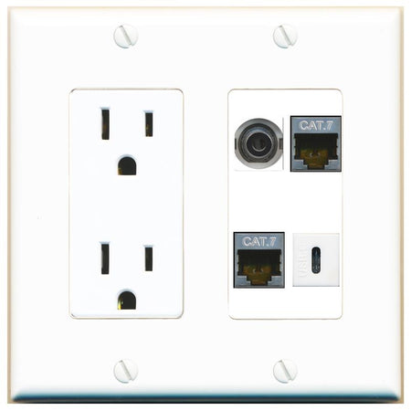 RiteAV 3.5mm 2 CAT7 USBC Wall Plate with 15A Power Outlet [White]