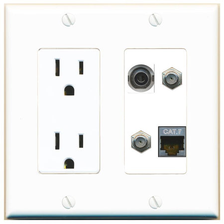 RiteAV 3.5mm CAT7 2 COAX Wall Plate with 15A Power Outlet [White]