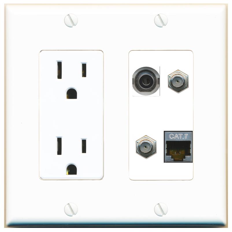 RiteAV 3.5mm CAT7 2 COAX Wall Plate with 15A Power Outlet [White]