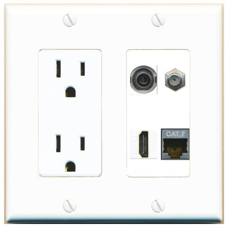 RiteAV 3.5mm CAT7 COAX HDMI Wall Plate with 15A Power Outlet [White]