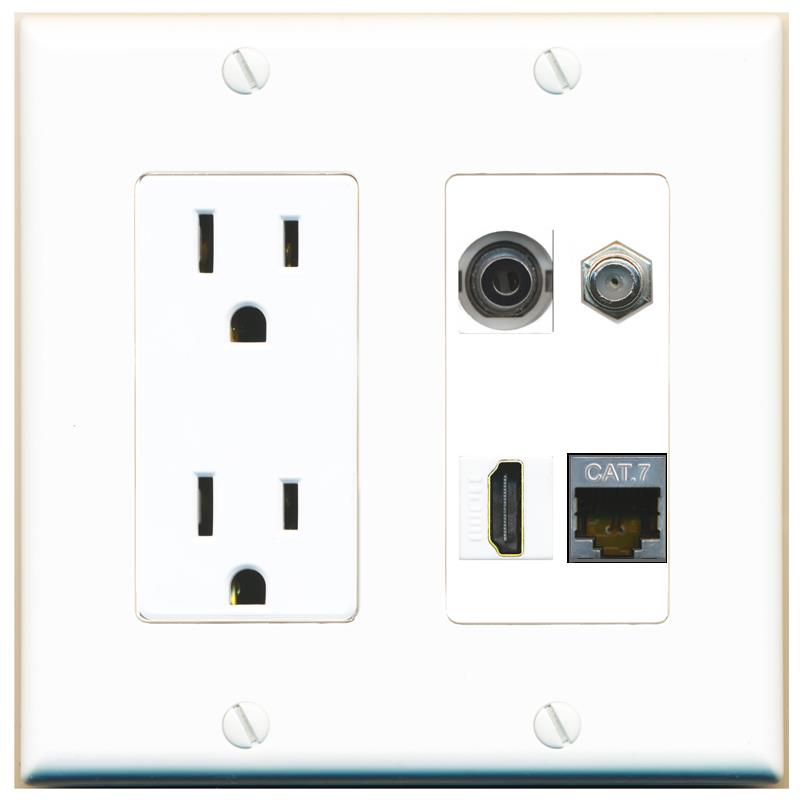 RiteAV 3.5mm CAT7 COAX HDMI Wall Plate with 15A Power Outlet [White]
