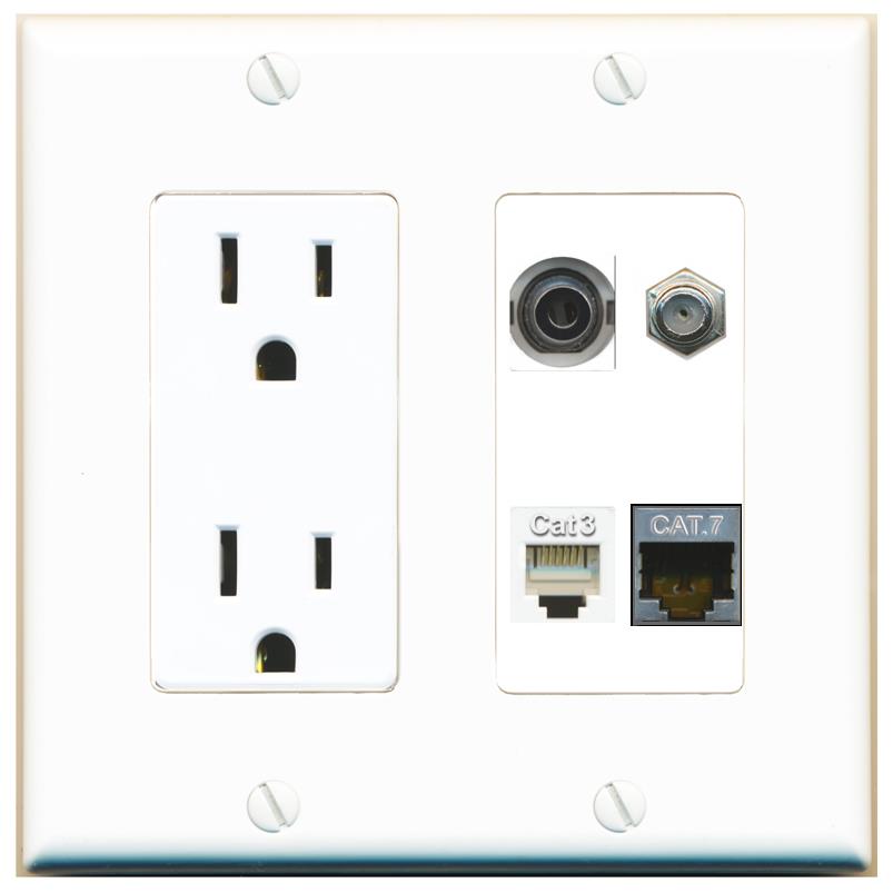 RiteAV 3.5mm CAT7 COAX PHONE Wall Plate with 15A Power Outlet [White]