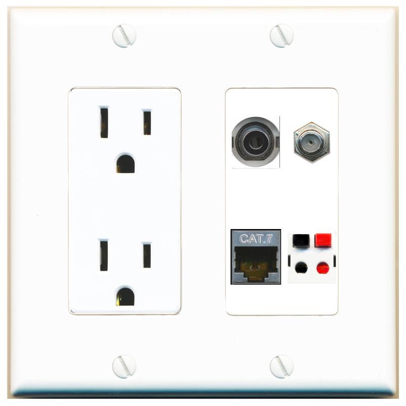 RiteAV 3.5mm CAT7 COAX SPEAKER Wall Plate with 15A Power Outlet [White]
