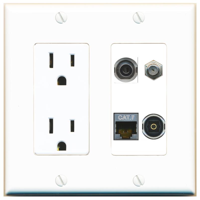 RiteAV 3.5mm CAT7 COAX TOSLINK Wall Plate with 15A Power Outlet [White]