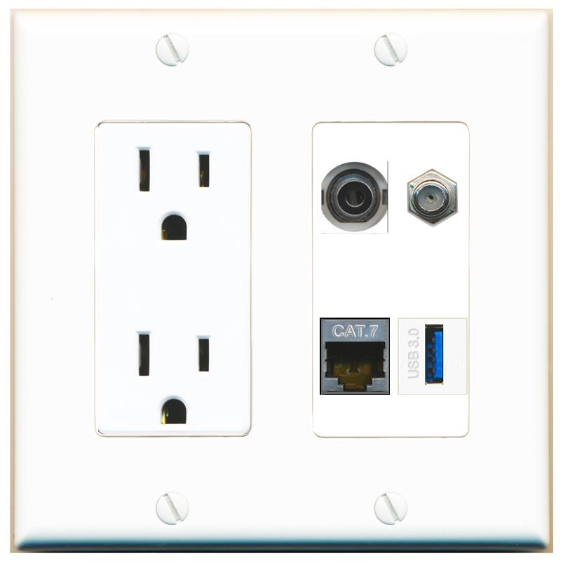 RiteAV 3.5mm CAT7 COAX USB-3 Wall Plate with 15A Power Outlet [White]