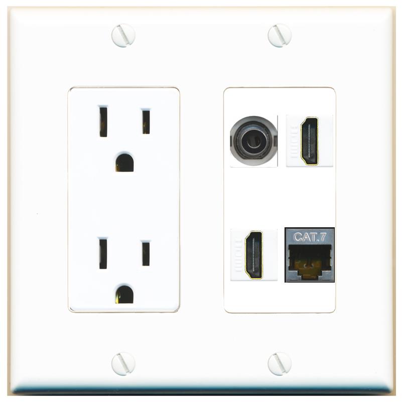 RiteAV 3.5mm CAT7 2 HDMI Wall Plate with 15A Power Outlet [White]