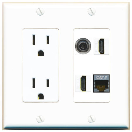 RiteAV 3.5mm CAT7 2 HDMI Wall Plate with 15A Power Outlet [White]