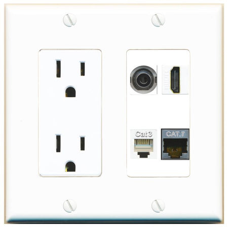 RiteAV 3.5mm CAT7 HDMI PHONE Wall Plate with 15A Power Outlet [White]