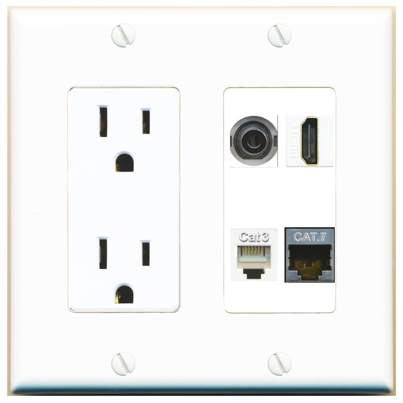 RiteAV 3.5mm CAT7 HDMI PHONE Wall Plate with 15A Power Outlet [White]