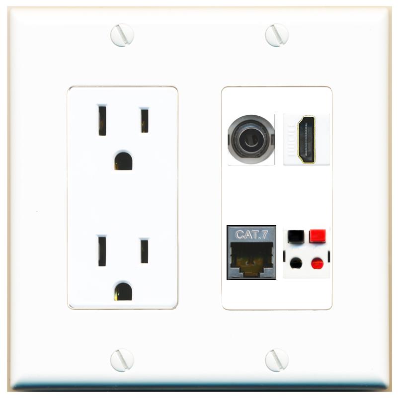 RiteAV 3.5mm CAT7 HDMI SPEAKER Wall Plate with 15A Power Outlet [White]