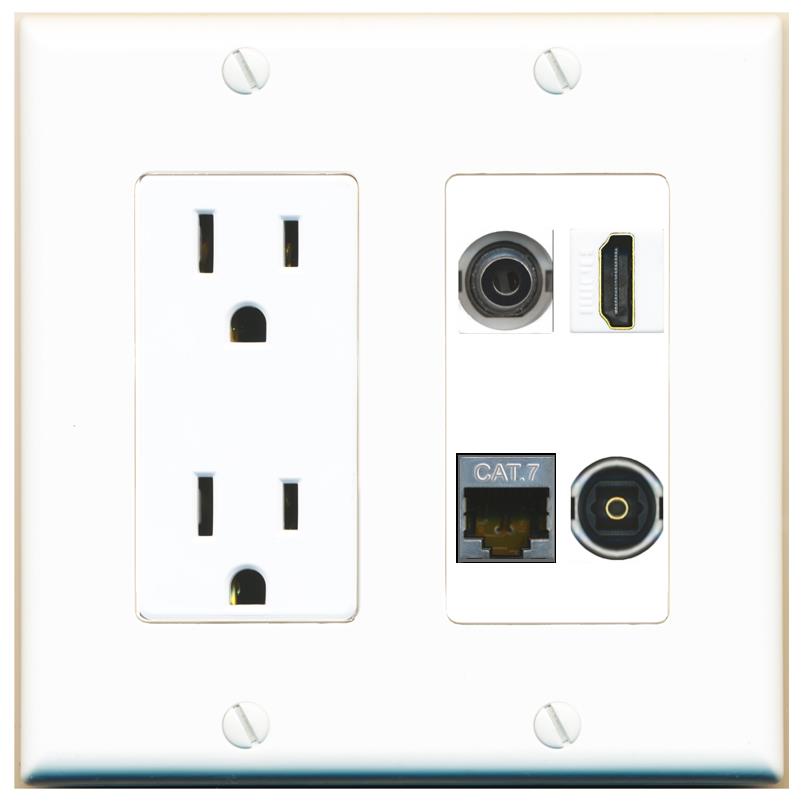 RiteAV 3.5mm CAT7 HDMI TOSLINK Wall Plate with 15A Power Outlet [White]