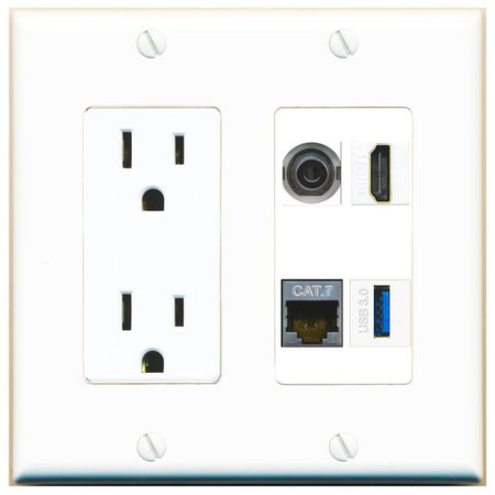 RiteAV 3.5mm CAT7 HDMI USB-3 Wall Plate with 15A Power Outlet [White]