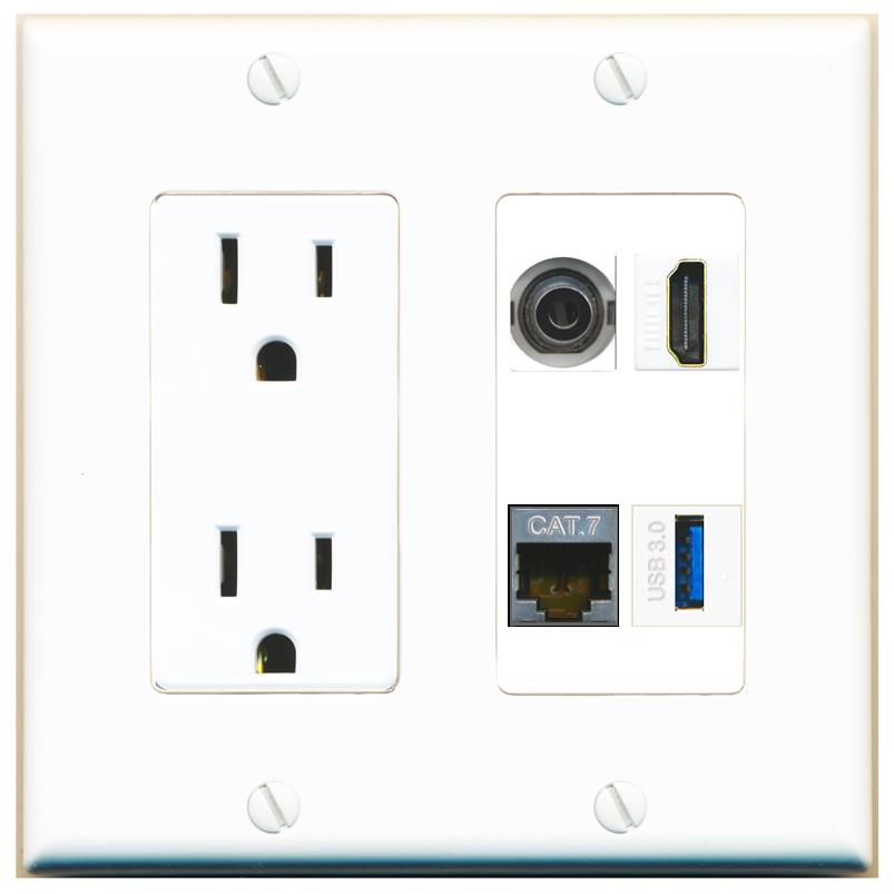 RiteAV 3.5mm CAT7 HDMI USB-3 Wall Plate with 15A Power Outlet [White]