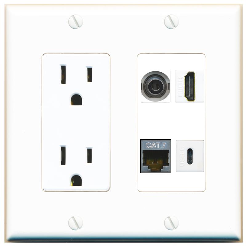 RiteAV 3.5mm CAT7 HDMI USBC Wall Plate with 15A Power Outlet [White]