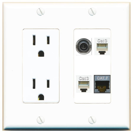RiteAV 3.5mm CAT7 2 PHONE Wall Plate with 15A Power Outlet [White]