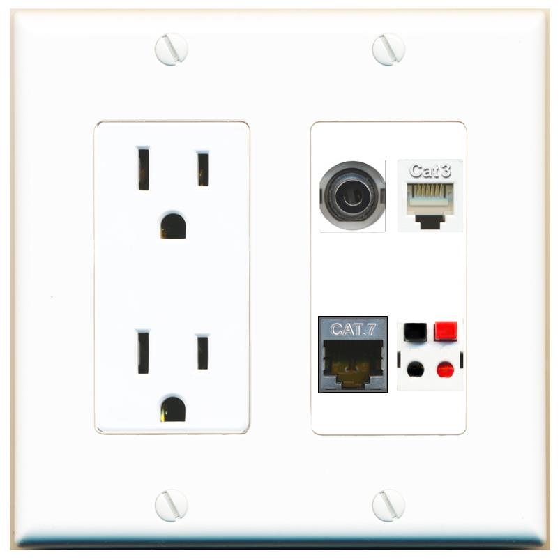 RiteAV 3.5mm CAT7 PHONE SPEAKER Wall Plate with 15A Power Outlet [White]