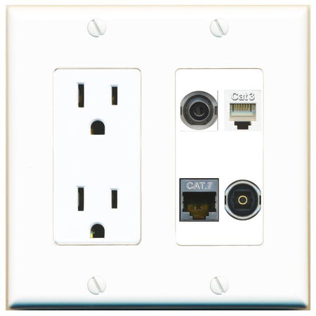 RiteAV 3.5mm CAT7 PHONE TOSLINK Wall Plate with 15A Power Outlet [White]