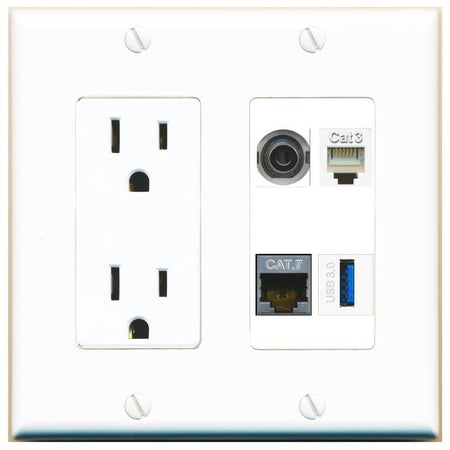 RiteAV 3.5mm CAT7 PHONE USB-3 Wall Plate with 15A Power Outlet [White]