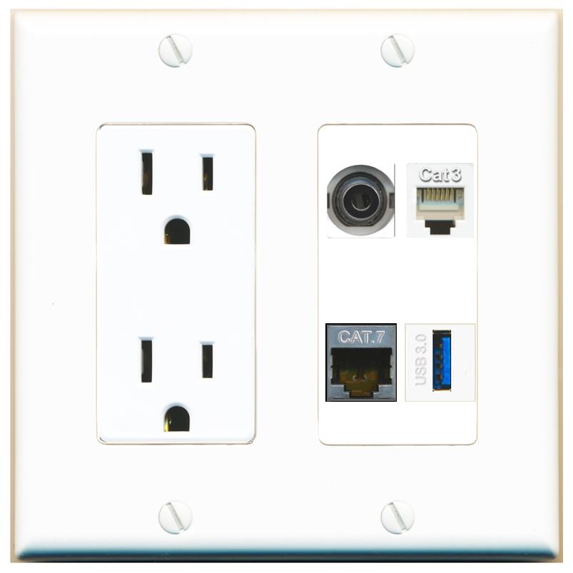 RiteAV 3.5mm CAT7 PHONE USB-3 Wall Plate with 15A Power Outlet [White]