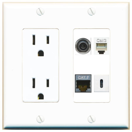 RiteAV 3.5mm CAT7 PHONE USBC Wall Plate with 15A Power Outlet [White]