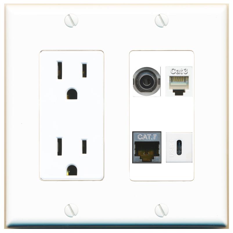 RiteAV 3.5mm CAT7 PHONE USBC Wall Plate with 15A Power Outlet [White]