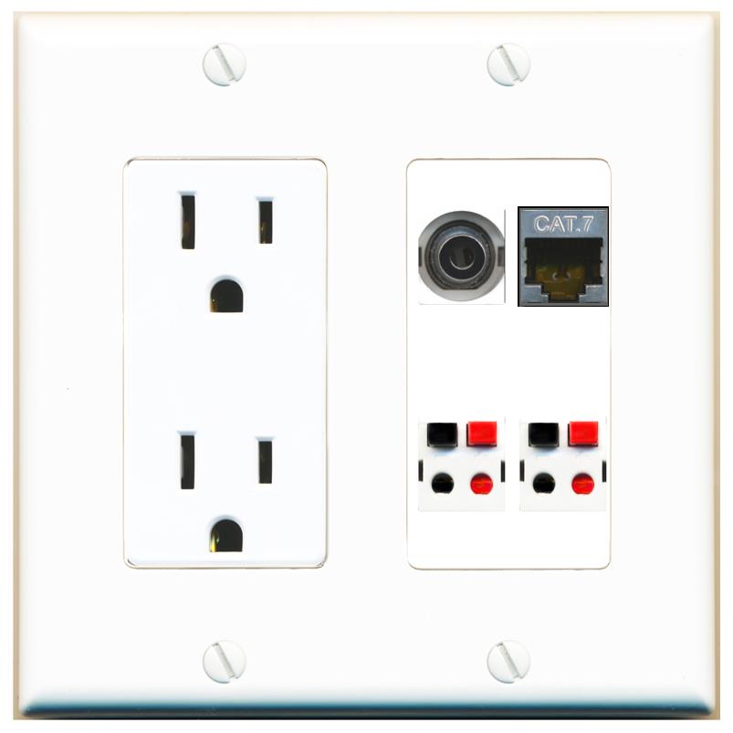 RiteAV 3.5mm CAT7 2 SPEAKER Wall Plate with 15A Power Outlet [White]