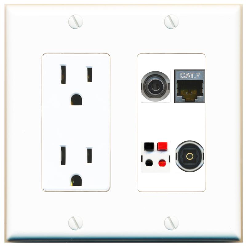 RiteAV 3.5mm CAT7 SPEAKER TOSLINK Wall Plate with 15A Power Outlet [White]