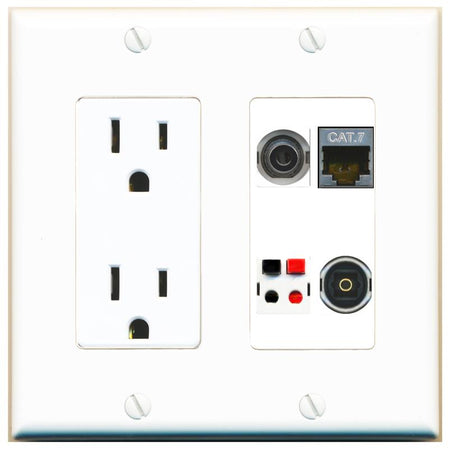 RiteAV 3.5mm CAT7 SPEAKER TOSLINK Wall Plate with 15A Power Outlet [White]