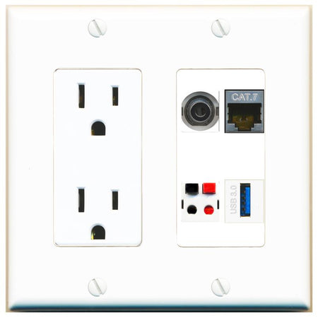 RiteAV 3.5mm CAT7 SPEAKER USB-3 Wall Plate with 15A Power Outlet [White]