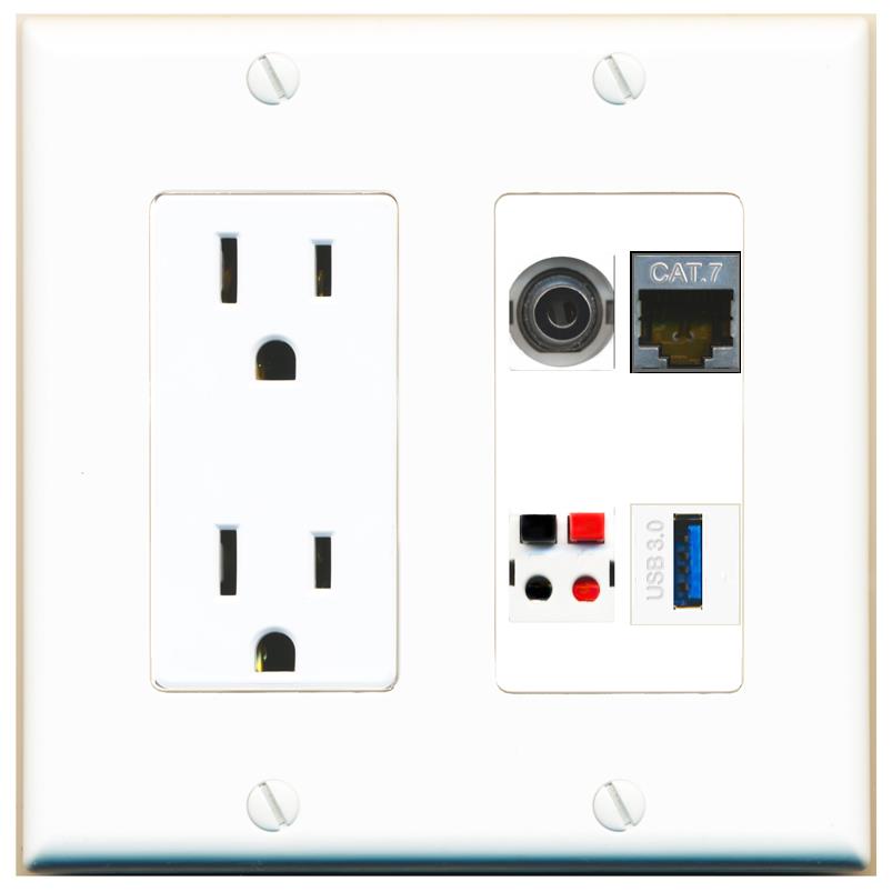 RiteAV 3.5mm CAT7 SPEAKER USB-3 Wall Plate with 15A Power Outlet [White]
