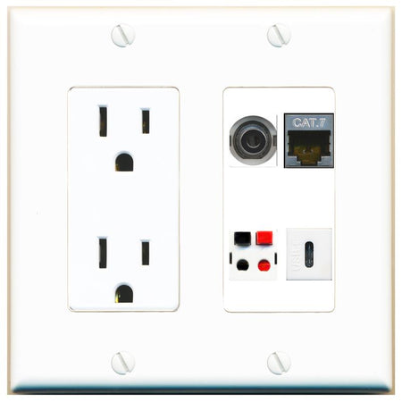 RiteAV 3.5mm CAT7 SPEAKER USBC Wall Plate with 15A Power Outlet [White]