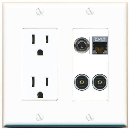 RiteAV 3.5mm CAT7 2 TOSLINK Wall Plate with 15A Power Outlet [White]