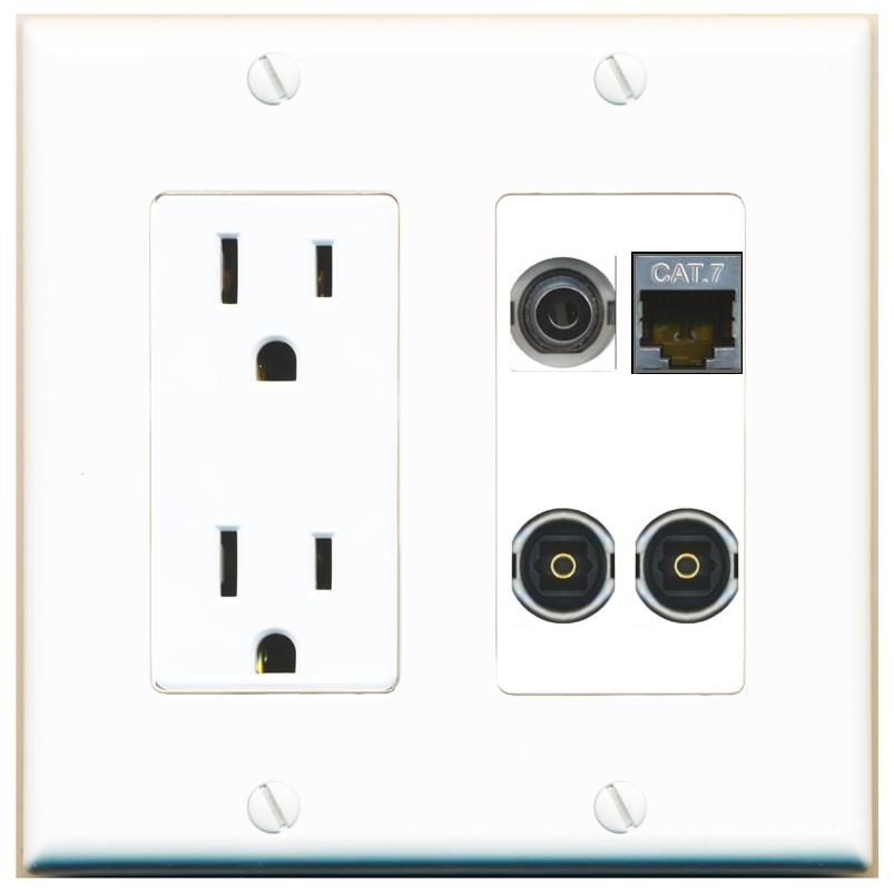 RiteAV 3.5mm CAT7 2 TOSLINK Wall Plate with 15A Power Outlet [White]