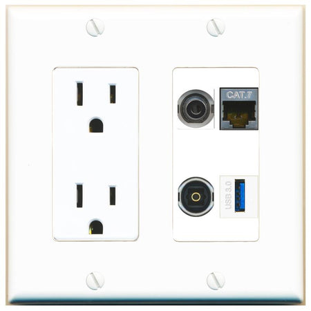RiteAV 3.5mm CAT7 TOSLINK USB-3 Wall Plate with 15A Power Outlet [White]