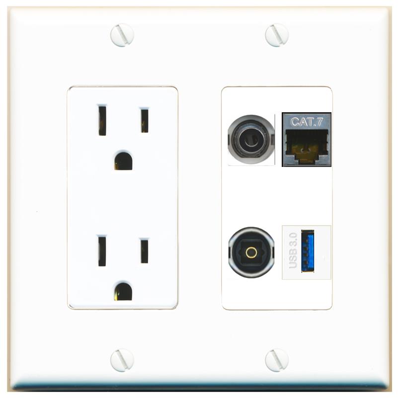 RiteAV 3.5mm CAT7 TOSLINK USB-3 Wall Plate with 15A Power Outlet [White]