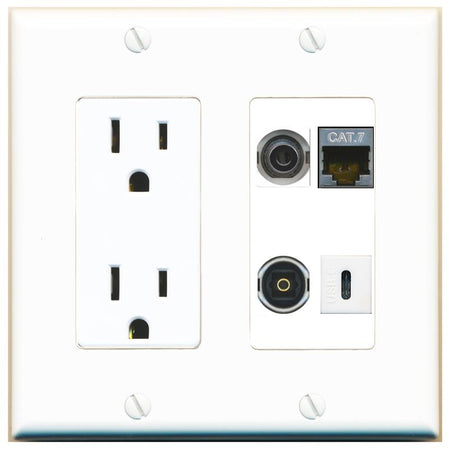 RiteAV 3.5mm CAT7 TOSLINK USBC Wall Plate with 15A Power Outlet [White]