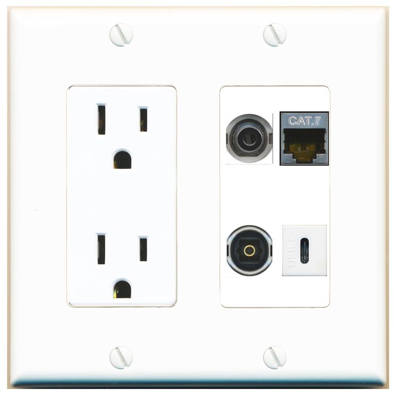 RiteAV 3.5mm CAT7 TOSLINK USBC Wall Plate with 15A Power Outlet [White]