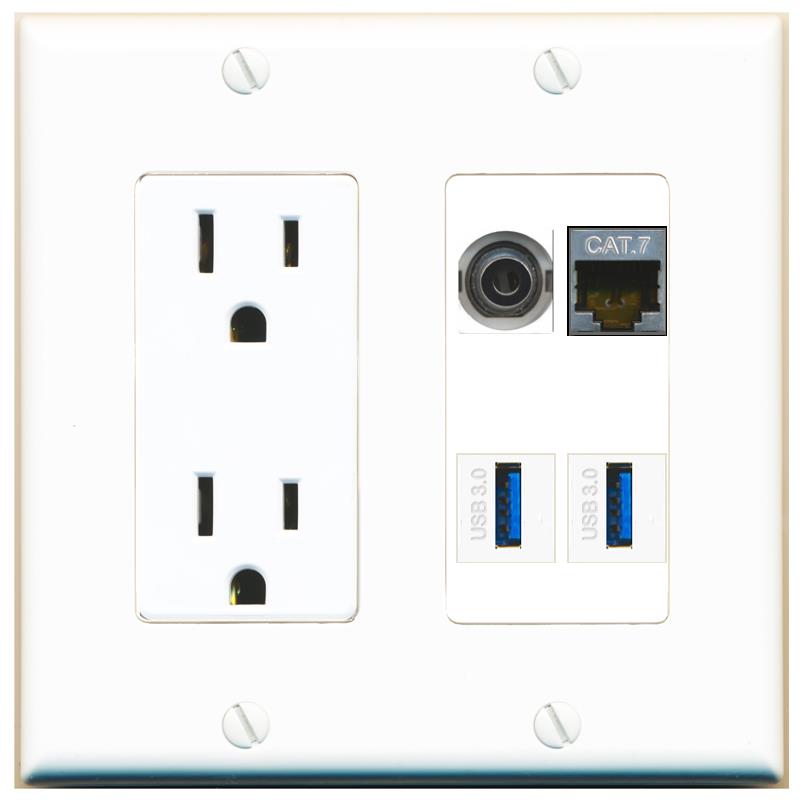 RiteAV 3.5mm CAT7 2 USB-3 Wall Plate with 15A Power Outlet [White]