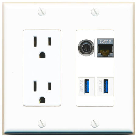 RiteAV 3.5mm CAT7 2 USB-3 Wall Plate with 15A Power Outlet [White]