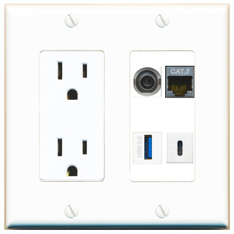 RiteAV 3.5mm CAT7 USB-3 USBC Wall Plate with 15A Power Outlet [White]