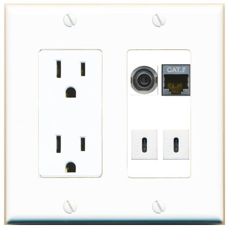 RiteAV 3.5mm CAT7 2 USBC Wall Plate with 15A Power Outlet [White]
